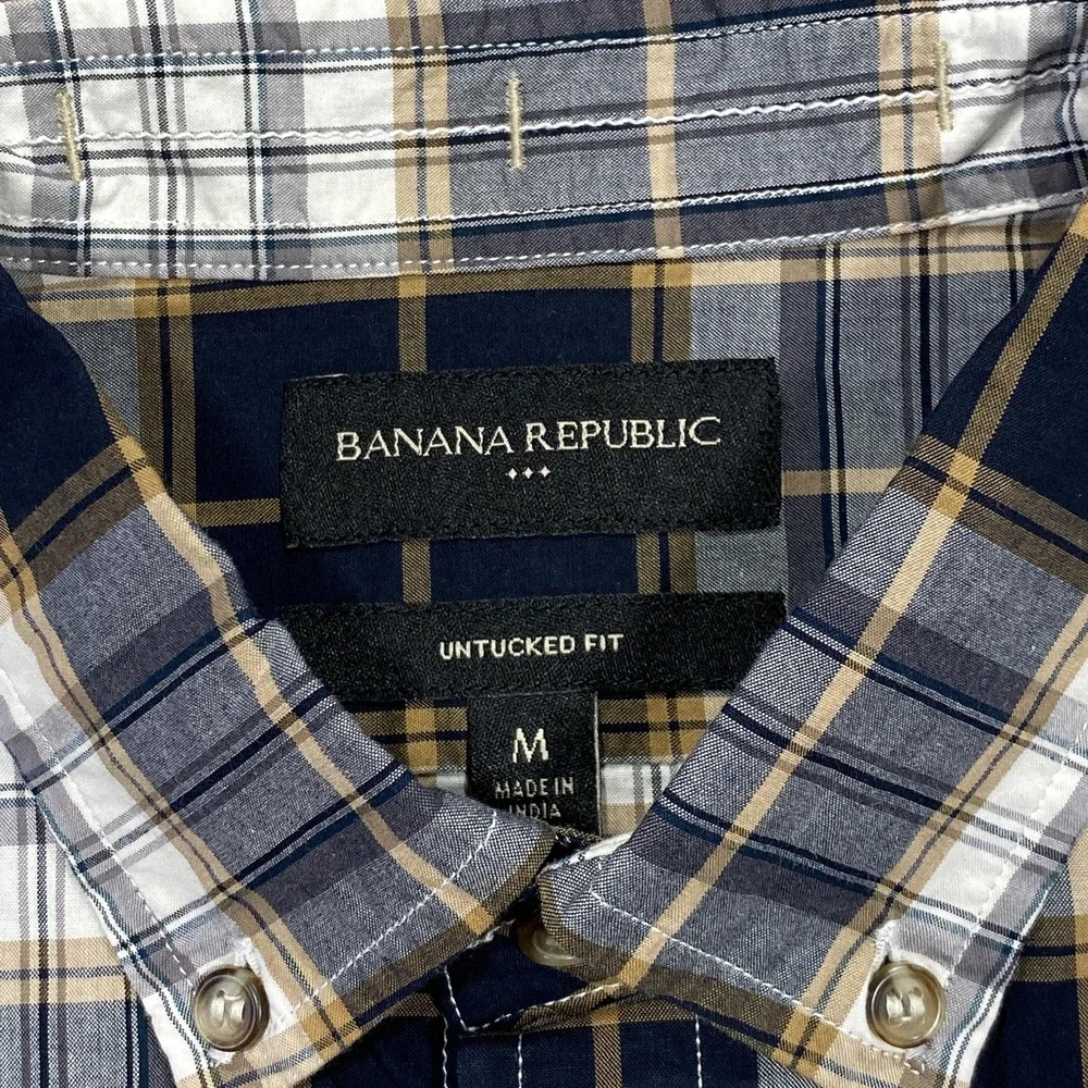 Banana Republic Shirt Mens Medium Blue Plaid Slim‎ Fit Untucked Long Sleeve